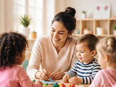 Une éducatrice partage un moment de jeu avec des enfants dans une crèche