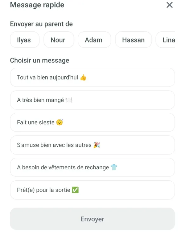 Envoi d'un message rapide aux parents dans NeoNest