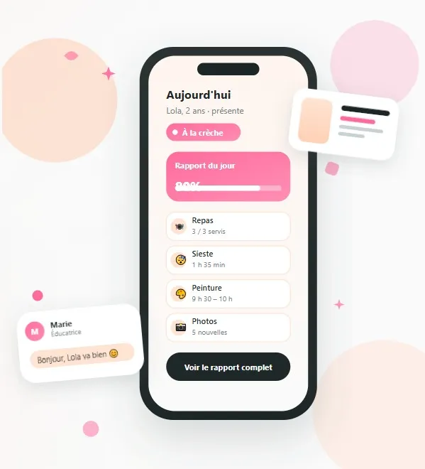 Aperçu de l'application NeoNest sur smartphone : rapport quotidien, photos et messages