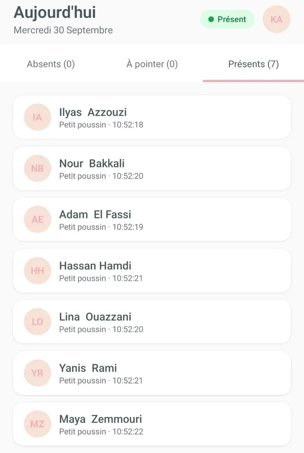 Écran des présences du jour dans l'application NeoNest