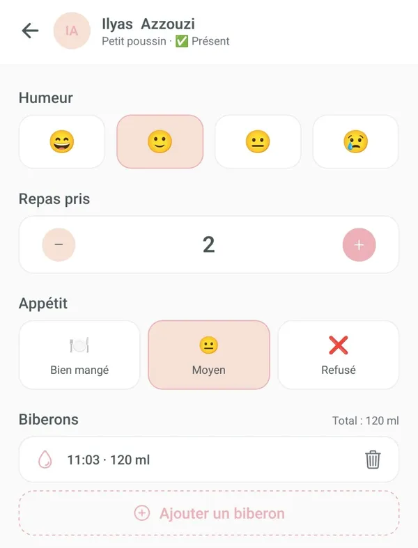 Saisie du rapport quotidien d'un enfant dans NeoNest